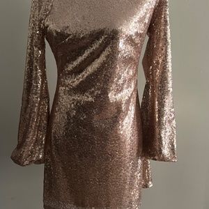 Rose Gold Sequin Balloon Sleve Mini Dress